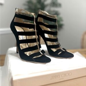 Jimmy Choo metallic gold and black suede Fathom heels